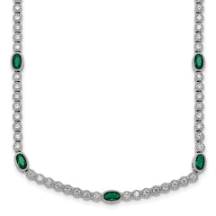 Sterling Silver Rhodium-plated Polished and Beaded Fancy Oval Green and Round White CZ 17 Inch Necklace