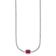 Sterling Silver Rhodium-plated Polished Fancy Emerald-cut Red and White CZ Halo 16 Inch with 2 Inch Extension Necklace