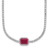 Sterling Silver Rhodium-plated Polished Fancy Emerald-cut Red and White CZ Halo 16 Inch with 2 Inch Extension Necklace