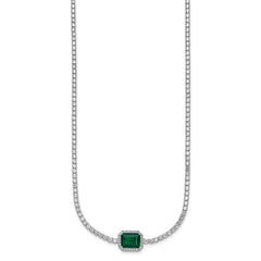 Sterling Silver Rhodium-plated Polished Fancy Emerald-cut Green and White CZ Halo 16 Inch with 2 Inch Extension Necklace