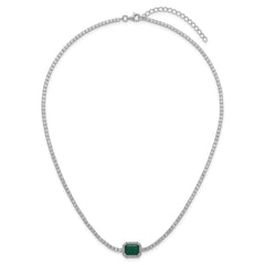 Sterling Silver Rhodium-plated Polished Fancy Emerald-cut Green and White CZ Halo 16 Inch with 2 Inch Extension Necklace