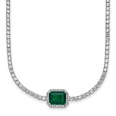 Sterling Silver Rhodium-plated Polished Fancy Emerald-cut Green and White CZ Halo 16 Inch with 2 Inch Extension Necklace