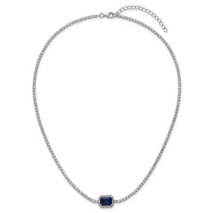 Sterling Silver Rhodium-plated Polished Fancy Emerald-cut Blue and White CZ Halo 16 Inch with 2 Inch Extension Necklace