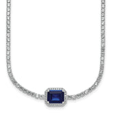 Sterling Silver Rhodium-plated Polished Fancy Emerald-cut Blue and White CZ Halo 16 Inch with 2 Inch Extension Necklace