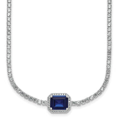Sterling Silver Rhodium-plated Polished Fancy Emerald-cut Blue and White CZ Halo 16 Inch with 2 Inch Extension Necklace