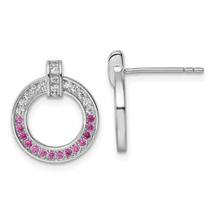 Sterling Silver Rhodium-plated White and Red CZ Open Circle Post Earrings