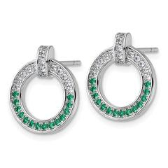 Sterling Silver Rhodium-plated White and Green CZ Open Circle Post Earrings