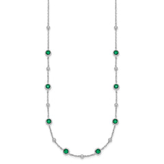 Sterling Silver Rhodium-plated Polished and Beaded Bezel-set Round Green CZ 16 Inch with 2 Inch Extension Necklace