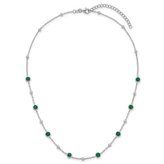 Sterling Silver Rhodium-plated Polished and Beaded Bezel-set Round Green CZ 16 Inch with 2 Inch Extension Necklace