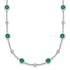 Sterling Silver Rhodium-plated Polished and Beaded Bezel-set Round Green CZ 16 Inch with 2 Inch Extension Necklace
