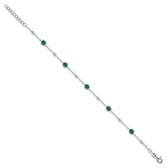 Sterling Silver Rhodium-plated Polished and Beaded Bezel-set Round Green CZ 7 Inch with 1 Inch Extension Bracelet