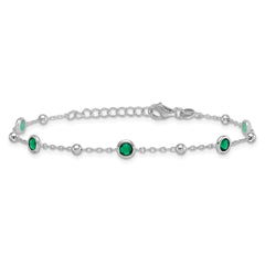 Sterling Silver Rhodium-plated Polished and Beaded Bezel-set Round Green CZ 7 Inch with 1 Inch Extension Bracelet