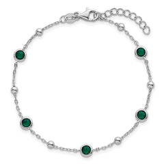 Sterling Silver Rhodium-plated Polished and Beaded Bezel-set Round Green CZ 7 Inch with 1 Inch Extension Bracelet
