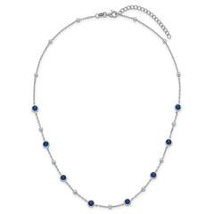 Sterling Silver Rhodium-plated Polished and Beaded Bezel-set Round Blue CZ 16 Inch with 2 Inch Extension Necklace
