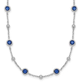 Sterling Silver Rhodium-plated Polished and Beaded Bezel-set Round Blue CZ 16 Inch with 2 Inch Extension Necklace