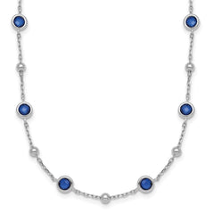 Sterling Silver Rhodium-plated Polished and Beaded Bezel-set Round Blue CZ 16 Inch with 2 Inch Extension Necklace