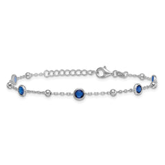 Sterling Silver Rhodium-plated Polished and Beaded Bezel-set Round Blue CZ 7 Inch with 1 Inch Extension Bracelet