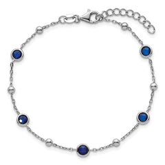 Sterling Silver Rhodium-plated Polished and Beaded Bezel-set Round Blue CZ 7 Inch with 1 Inch Extension Bracelet