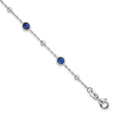 Sterling Silver Rhodium-plated Polished and Beaded Bezel-set Round Blue CZ 7 Inch with 1 Inch Extension Bracelet