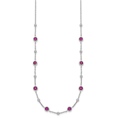 Sterling Silver Rhodium-plated Polished and Beaded Bezel-set Round Red CZ 16 Inch with 2 Inch Extension Necklace