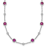 Sterling Silver Rhodium-plated Polished and Beaded Bezel-set Round Red CZ 16 Inch with 2 Inch Extension Necklace