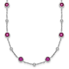 Sterling Silver Rhodium-plated Polished and Beaded Bezel-set Round Red CZ 16 Inch with 2 Inch Extension Necklace