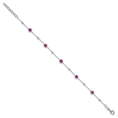 Sterling Silver Rhodium-plated Polished and Beaded Bezel-set Round Red CZ 7 Inch with 1 Inch Extension Bracelet