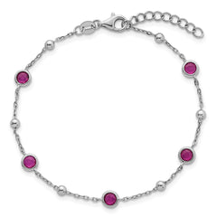 Sterling Silver Rhodium-plated Polished and Beaded Bezel-set Round Red CZ 7 Inch with 1 Inch Extension Bracelet