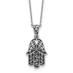 Sterling Silver Rhodium-plated Polished and Oxidized Filigree Hamsa 18 Inch Necklace