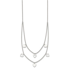 Sterling Silver Polished Double Strand Heart Station 15.75 inch Necklace