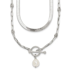 Sterling Silver Polished Baroque White Crystal Pearl Multi-strand 14 inch with 2 inch Extension Necklace
