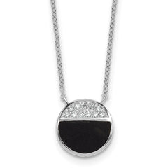 Sterling Silver Rhodium-plated Polished Black Onyx and CZ Circle 16 inch with 2 inch Extender Necklace