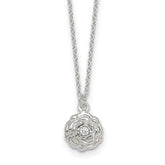 Sterling Silver Polished CZ Flower 16 Inch with 2 Inch Extension Necklace