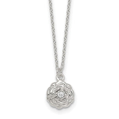 Sterling Silver Polished CZ Flower 16 Inch with 2 Inch Extension Necklace