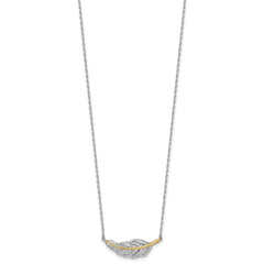 Sterling Silver Rhodium-plated with 14k Accent Polished CZ Feather 16 inch with 2 inch Extension Necklace