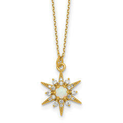 Sterling Silver Gold-Tone Polished Lab Created Opal and CZ Starburst 16 Inch with 2 Inch Extension Necklace
