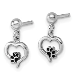 Sterling Silver Rhodium-plated Heart with Black Enameled Paw Print Post Dangle Earrings