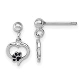 Sterling Silver Rhodium-plated Heart with Black Enameled Paw Print Post Dangle Earrings