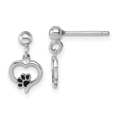 Sterling Silver Rhodium-plated Heart with Black Enameled Paw Print Post Dangle Earrings