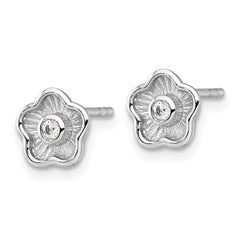 Sterling Silver Rhodium-plated Polished Textured CZ Flower Post Earrings