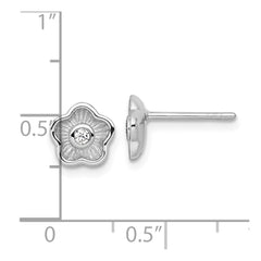 Sterling Silver Rhodium-plated Polished Textured CZ Flower Post Earrings