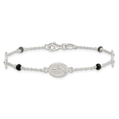 Sterling Silver Polished Spanish Miraculous Medal and Crosses with Black Glass Beads 7.5 inch Bracelet