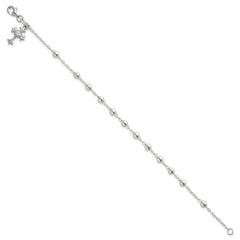 Sterling Silver Polished Beaded with White CZ Fleur de Lis Cross Charm 7.5 inch Bracelet