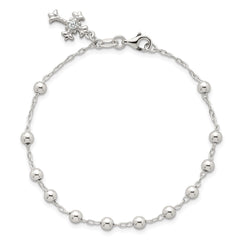 Sterling Silver Polished Beaded with White CZ Fleur de Lis Cross Charm 7.5 inch Bracelet