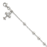 Sterling Silver Polished Beaded with White CZ Fleur de Lis Cross Charm 7.5 inch Bracelet