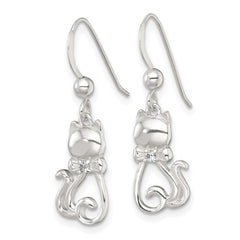 Sterling Silver Polished White CZ Cat Silhouette With Bowtie Dangle Shepherd Hook Earrings