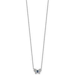 Sterling Silver Rhodium-plated Polished Blue Glass and White CZ Butterfly 16 Inch with 2 Inch Extension Necklace
