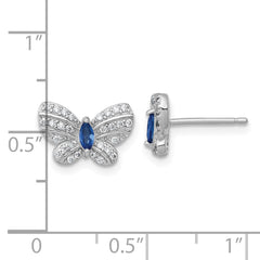 Sterling Silver Rhodium-plated Polished Blue Glass and White CZ Butterfly Post Earrings