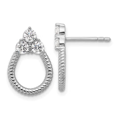 Sterling Silver Rhodium-plated Three CZ Textured Loop Post Earrings