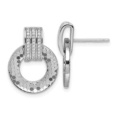 Sterling Silver Rhodium-plated CZ Polished Textured Moveable Circle Doorknocker Dangle Post Earrings